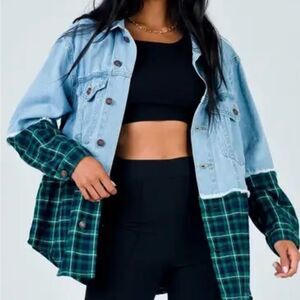 Princess Polly Two-Tone Denim and Green Plaid Shacket